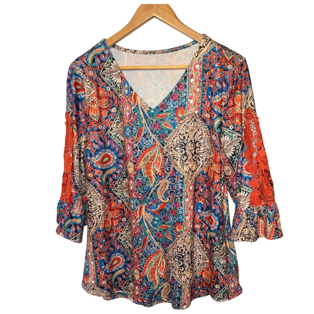 NWT V-NECK TOP multi-color paisley 3/4 bell sleeve, orange lace details LARGE